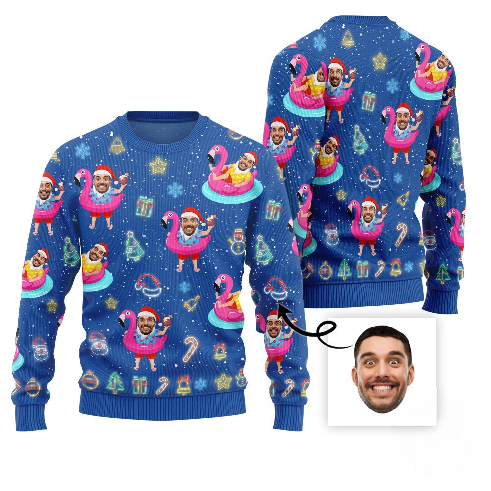 Hilarious Tropical Custom Face Santa On Vacation Ugly Christmas Sweater Christmas Vacation Sweater