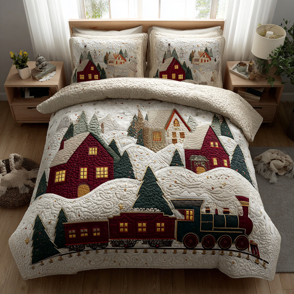Hills Christmas Village Train Quilted Bedding Set Holiday Season Duvet Cover Set 2025 Christmas Gifts