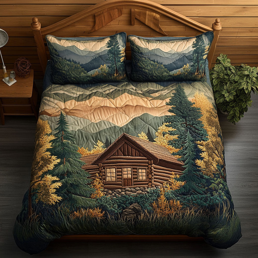 Hillside Cabin Quilted Bedding Set Aesthetic Room Decor Gifts For Wildlife Enthusiasts