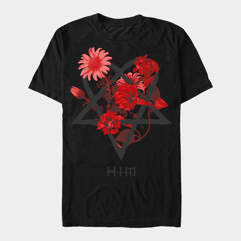 HIM Merch Heartagram Floral T-Shirt Black Gifts For Rock Music Lovers