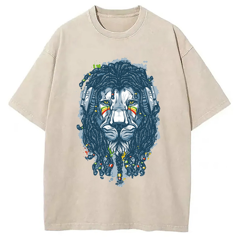 Hip Hop Lion Washed T-Shirt Soft Cotton Daily Wear Tee Gifts For Friends