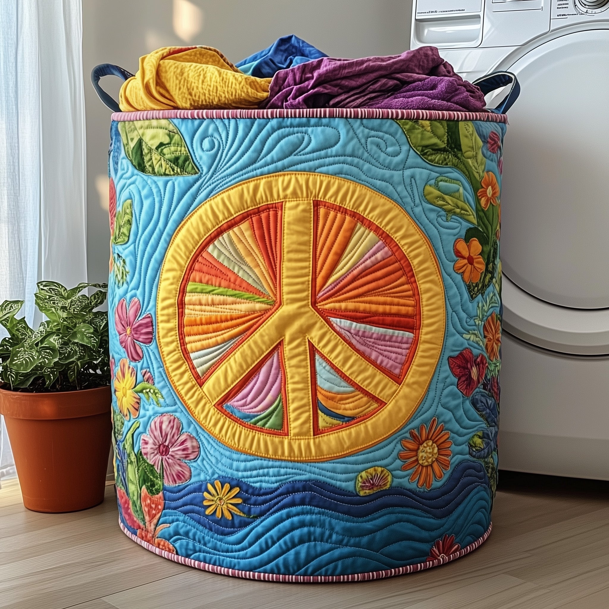 Hippe Peace Sign Quilted Laundry Basket Peace Love Blanket