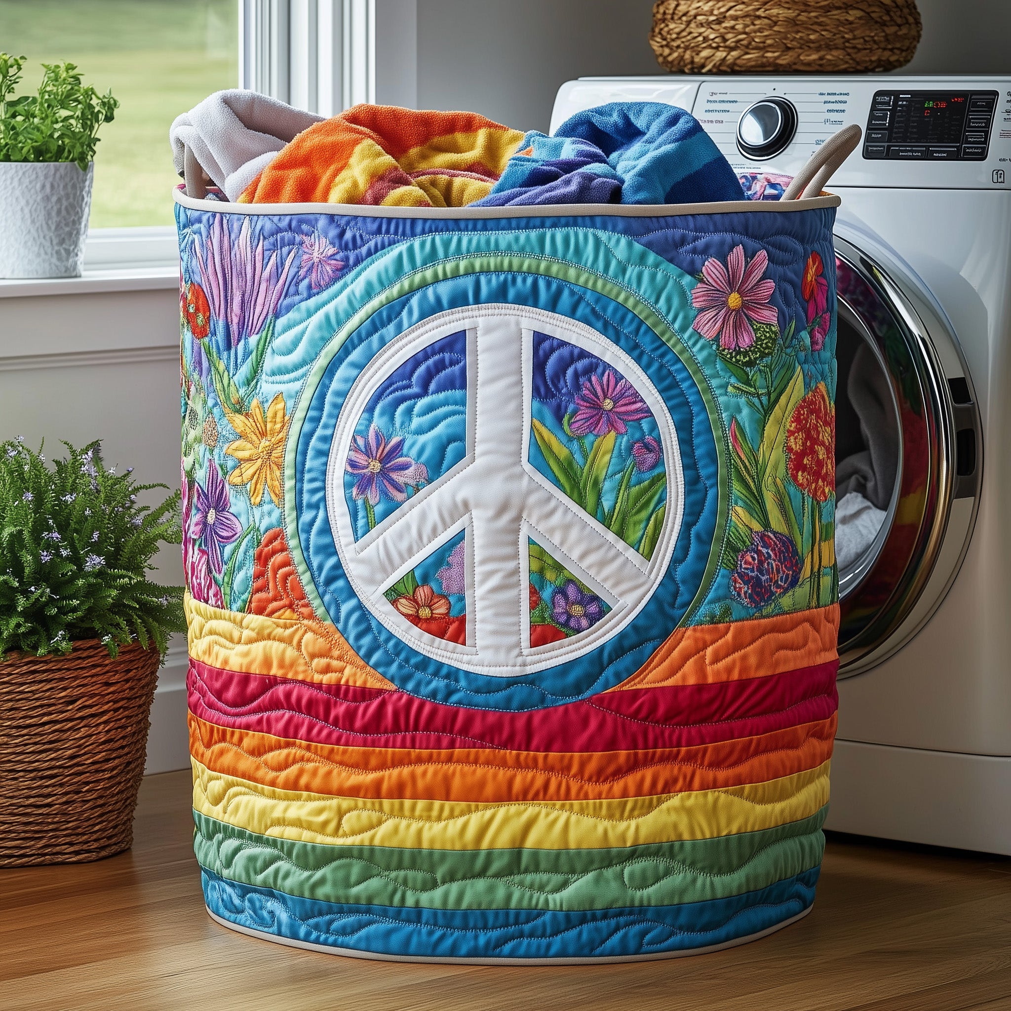 Hippe Peace Sign Quilted Laundry Basket Peace On Earth Gift