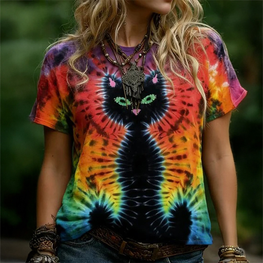 Hippie Abstract Cat Tie Dye Pattern T-Shirt Hippie Style Clothes Cat Lover Gift For Hippie Lover