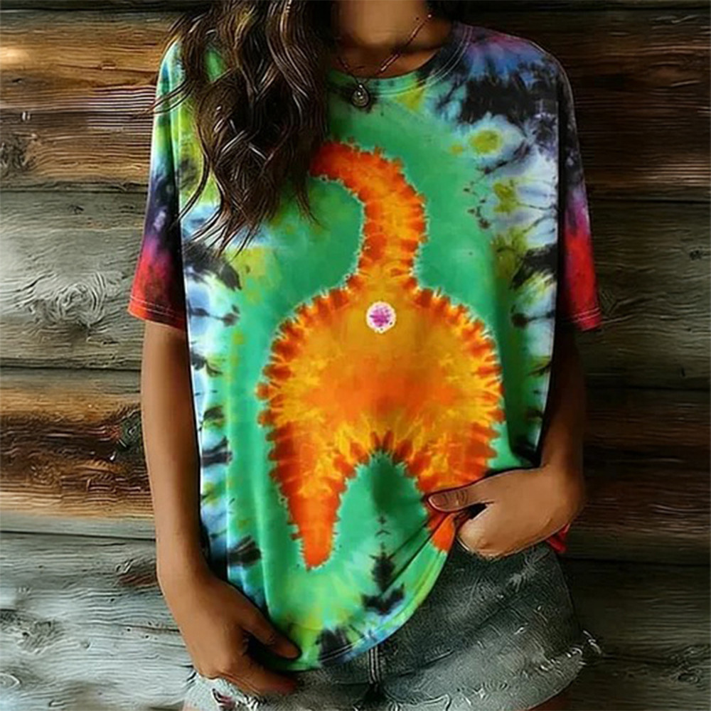 Hippie Abstract Cat Tie Dye Pattern T-Shirt Hippie Style Clothes Cool Present For Wife