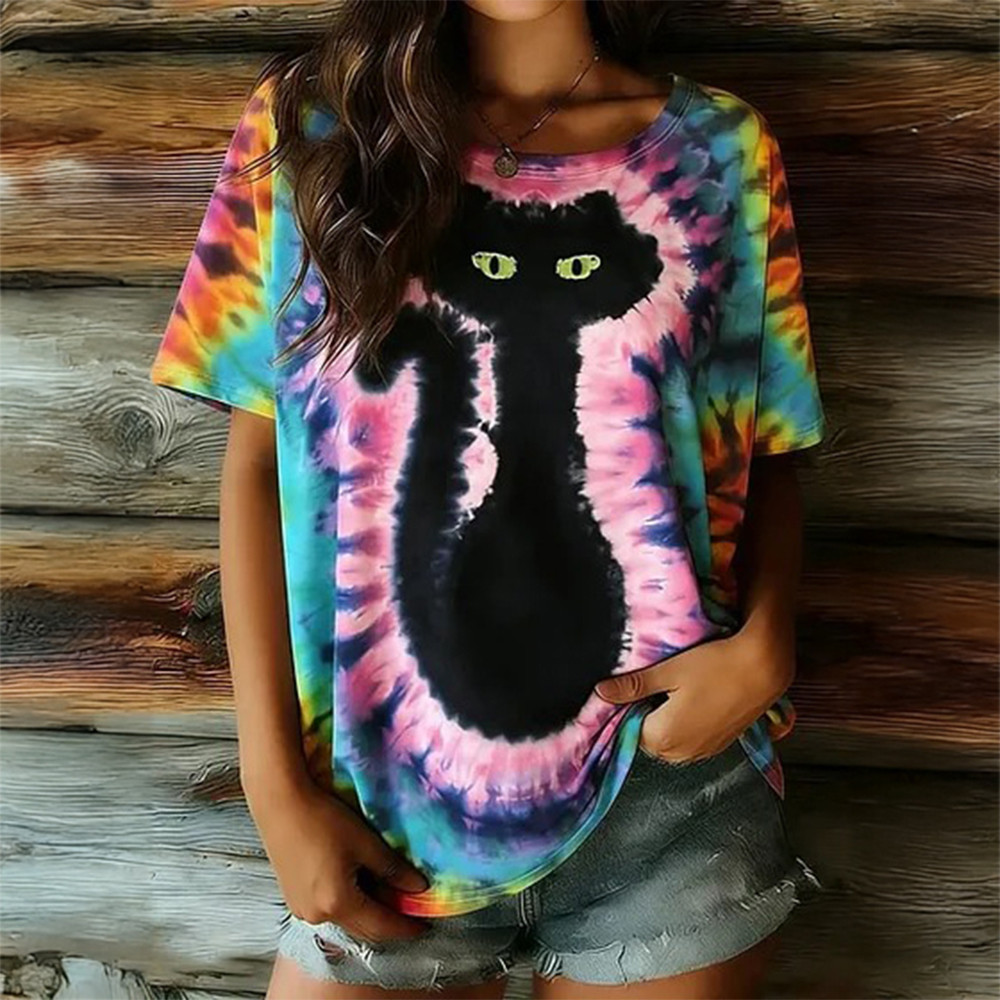 Hippie Abstract Cat Tie Dye Pattern T-Shirt Hippie Style Merch Present For Cat Lovers