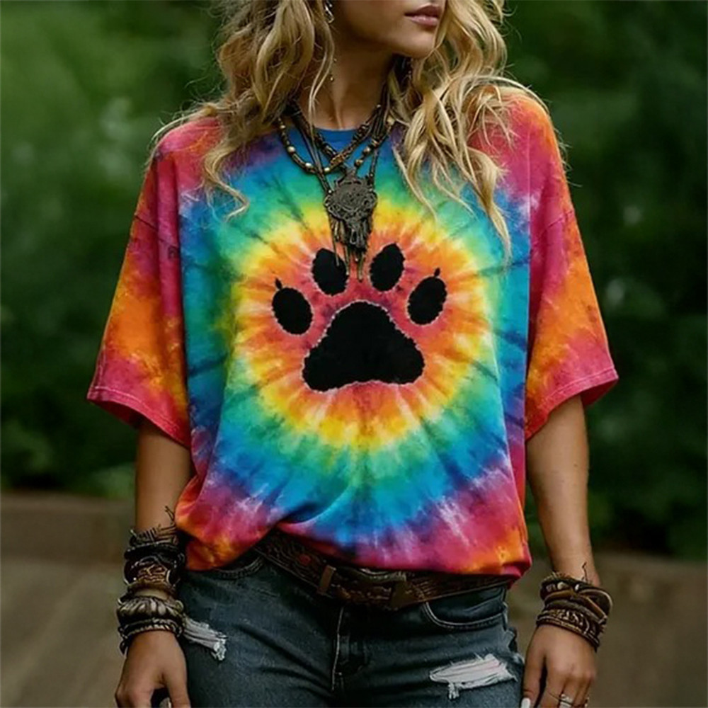 Hippie Abstract Paws Tie Dye T-Shirt Hippie Style Clothes Unique Gift For Girlfriend
