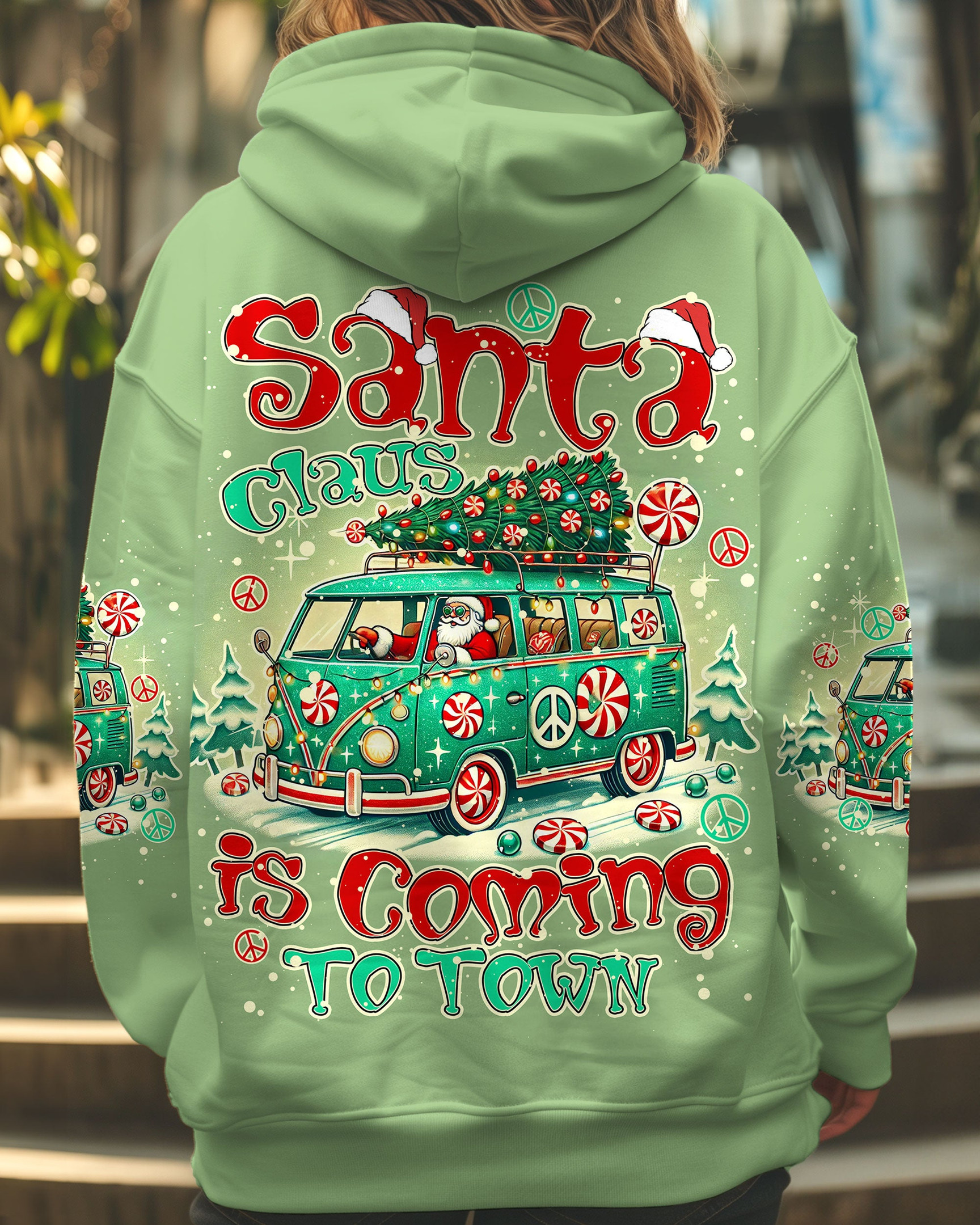 Hippie Bus Santa Claus Is Coming To Town Hoodie Winter Christmas Merch Presents For Her