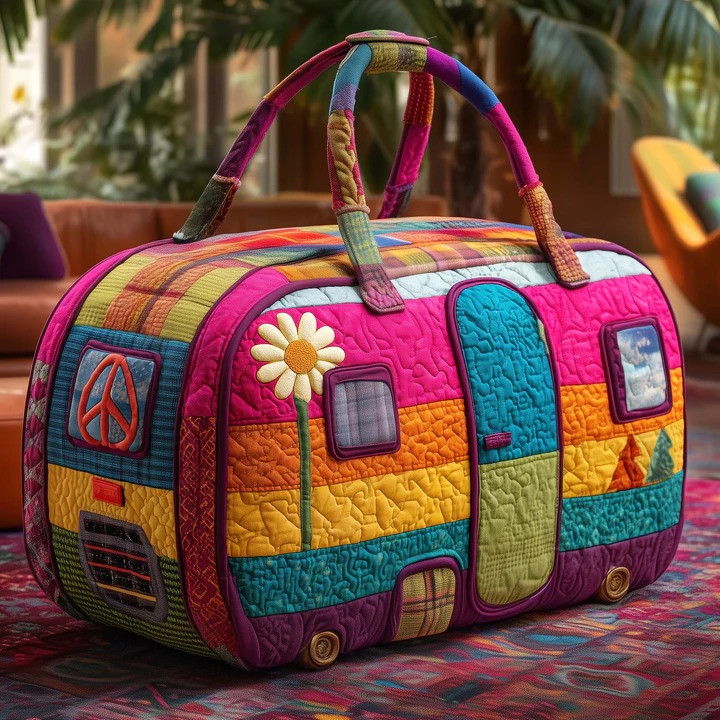 Hippie Camper Van Daisy Quilted Duffle Bag Boho Travel Bag Best Gift For Camping Lovers