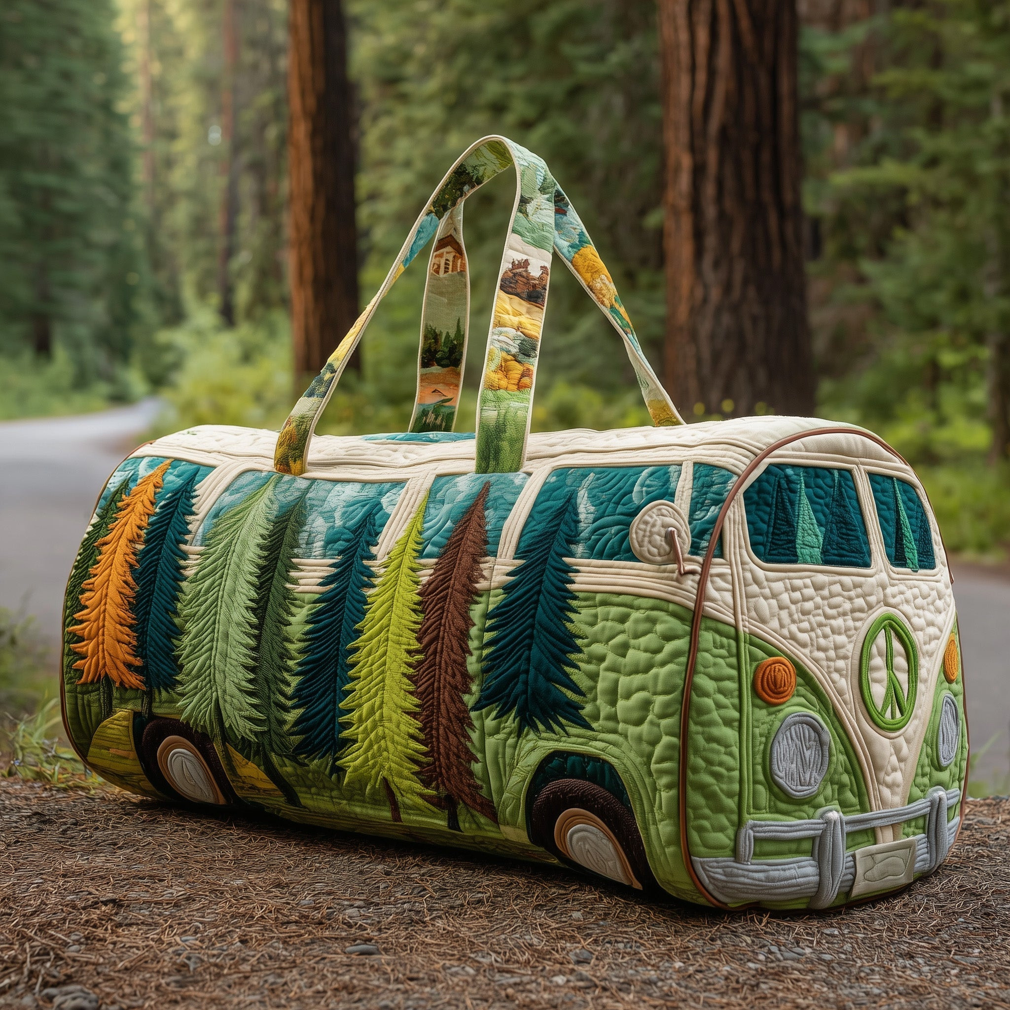 Hippie Camping Van Quilted Duffle Bag Pine Forest Travel Bags For Women Best Gift For Campers