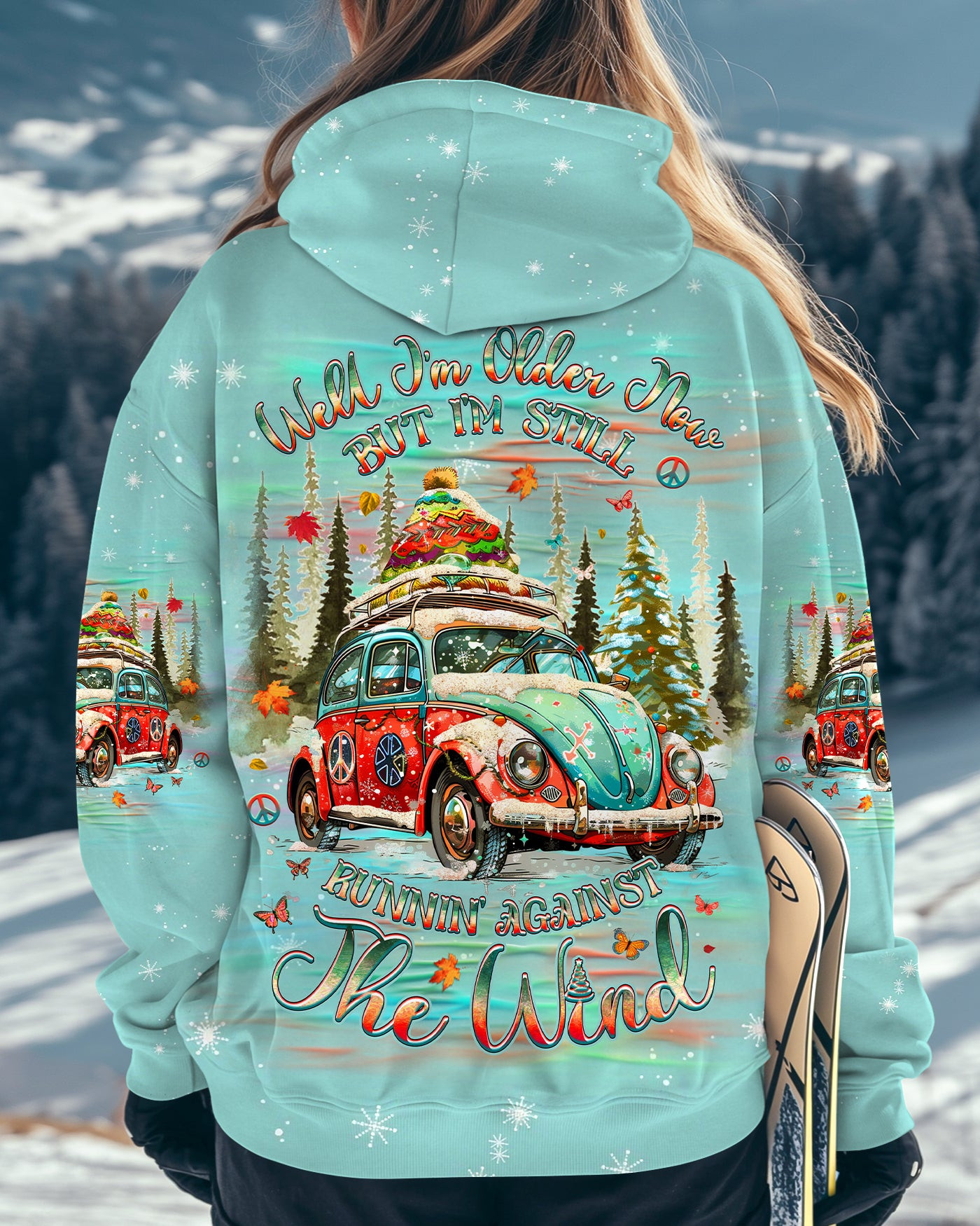 Hippie Car Running Against The Wind Hoodie In Forest Pine Tree Winter Merch Xmas Gifts