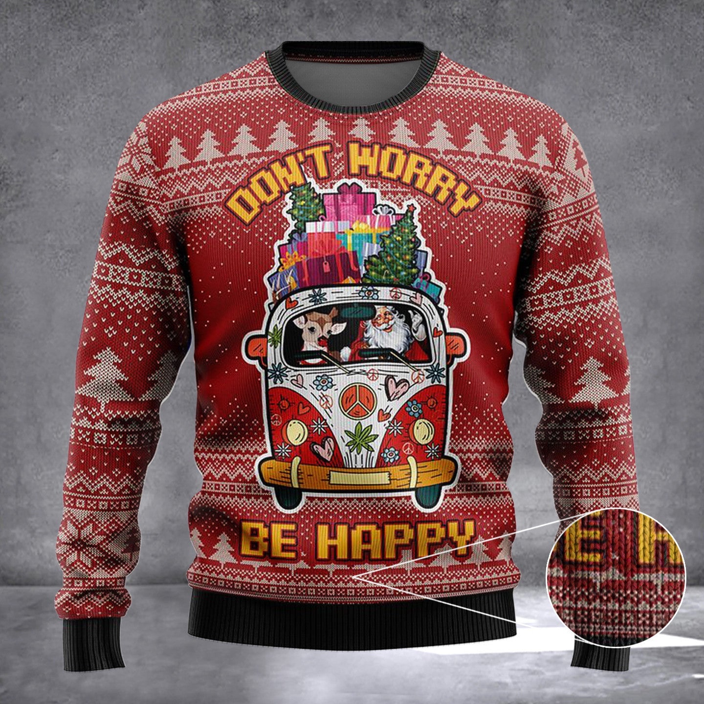 Hippie Car Ugly Christmas Sweater Don'T Worry Be Happy Ugly Sweater Men