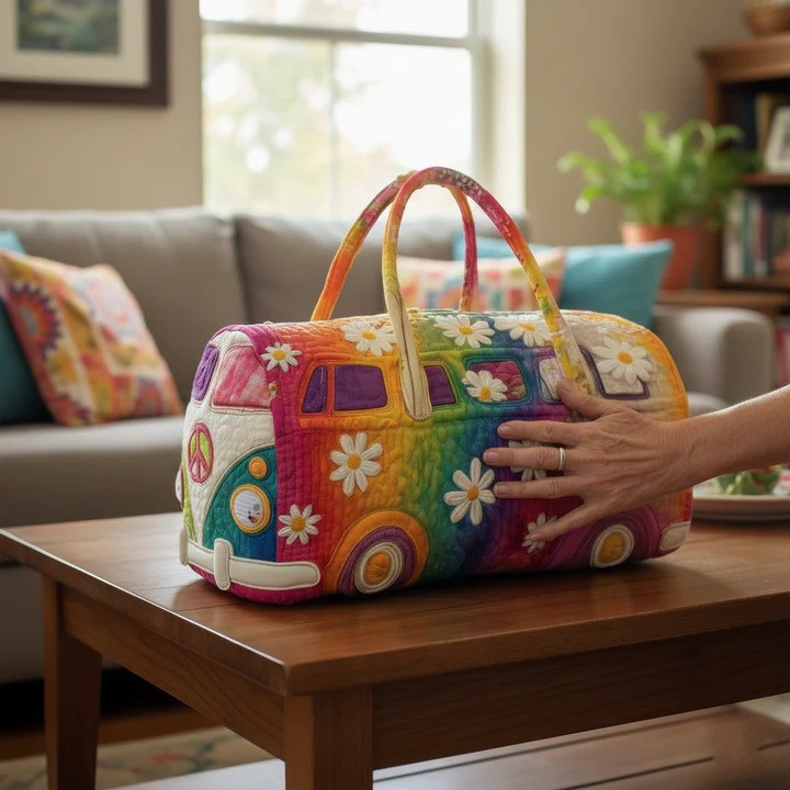 Hippie Daisy Rainbow VW Bus Quilted Duffle Bag Lifestyle Travel Bag Best Gift For Boho Lovers