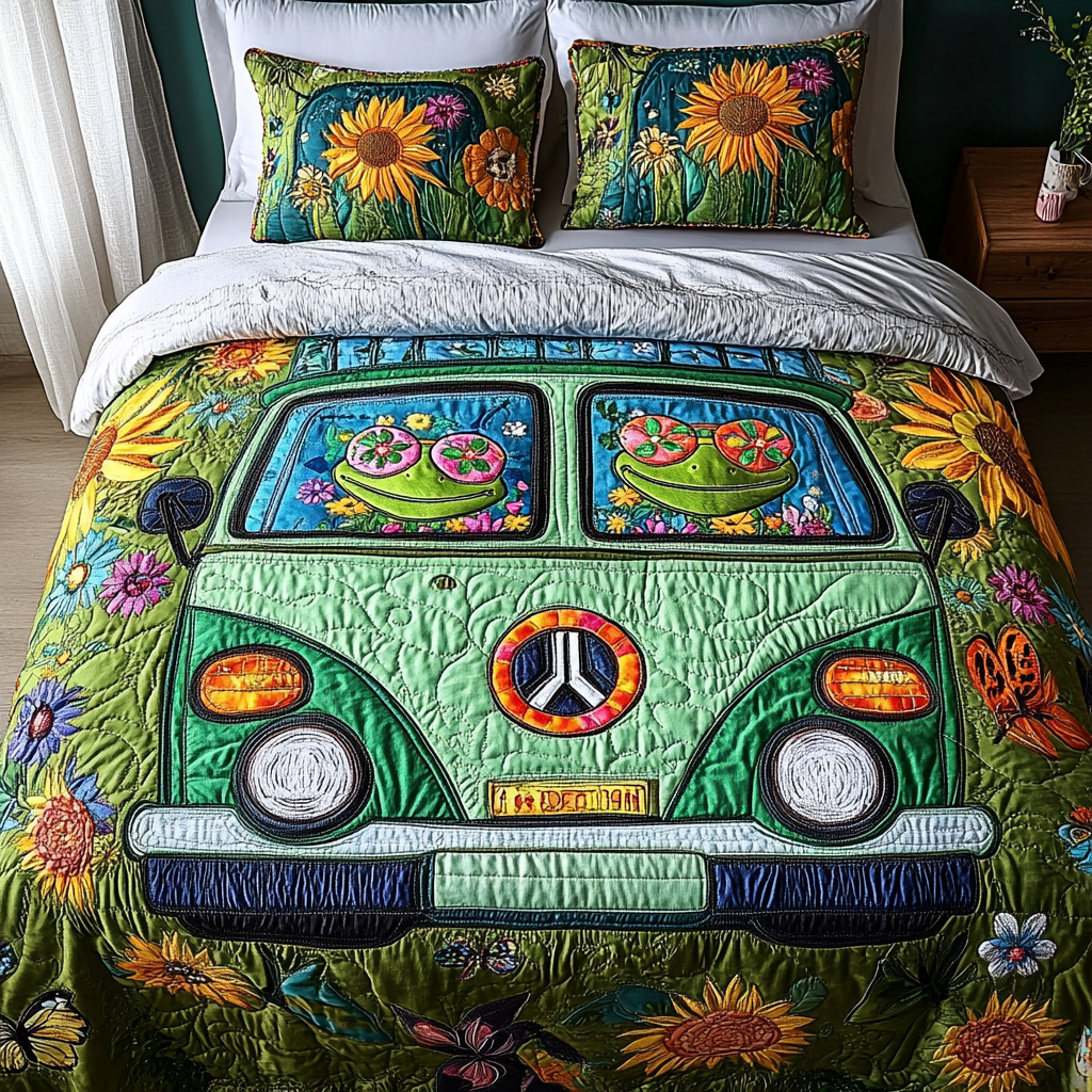 Hippie Frog Spirit Quilted Bedding Set Cute Room Decor Funny Frog Gifts