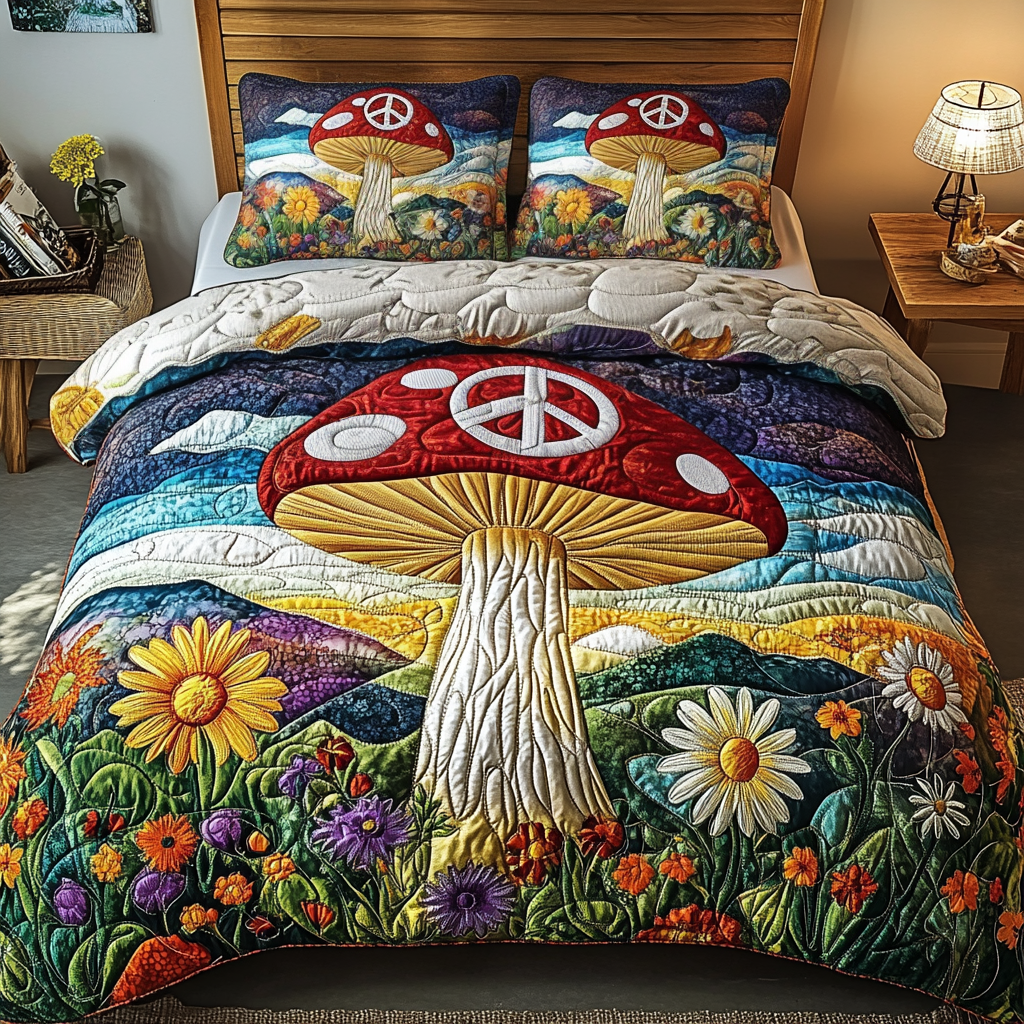 Hippie Fungi Quilted Bedding Set Christmas Bedding Duvet Cover Hippie Christmas Gift Ideas