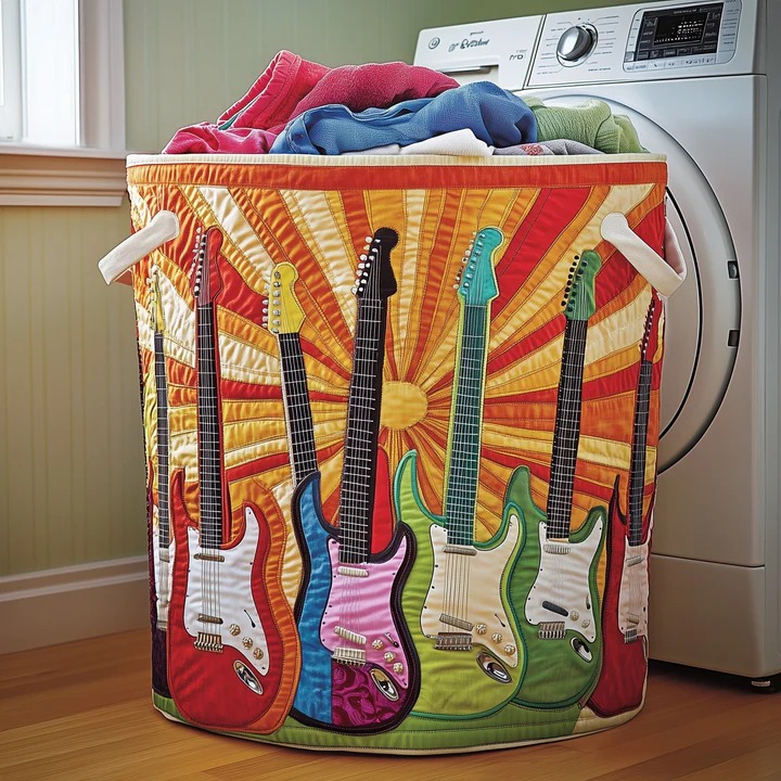 Hippie Guitar Rainbow Quilted Laundry Basket Boho Retro Music Electric Guitar Gift Ideas
