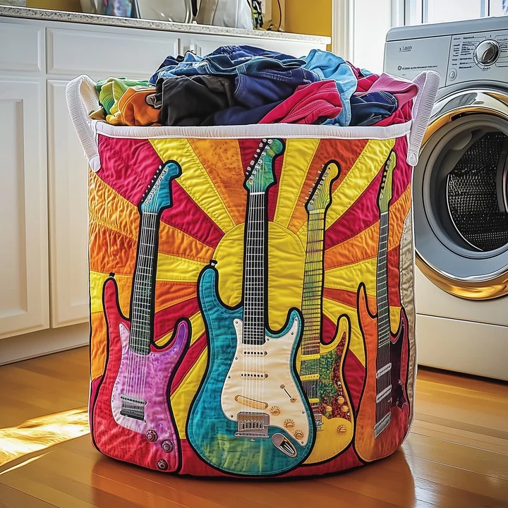 Hippie Guitar Sunburst Quilted Laundry Basket Boho Retro Rock Music Gift For Guitar Lovers