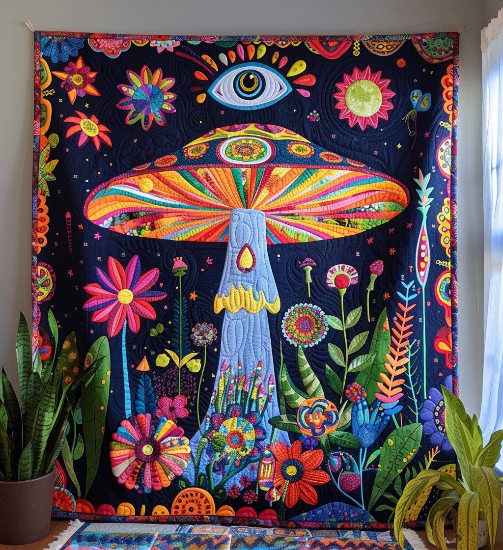 Hippie Harmony Quilted Blanket Gifts For Mushroom Lovers