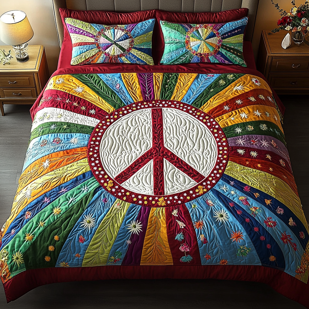 Hippie Love Quilted Bedding Set Cozy Bedroom Decor Hippy Christmas Gifts