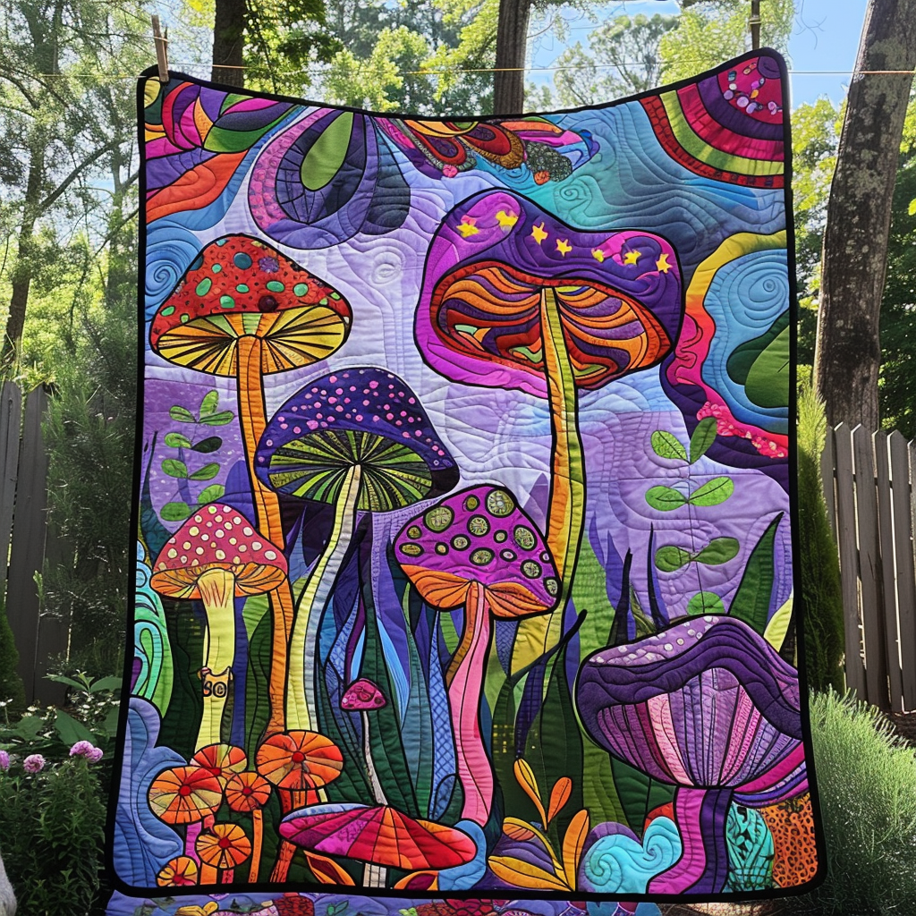 Hippie Mushrooms Quilted Blanket Gifts For Mushroom Lovers