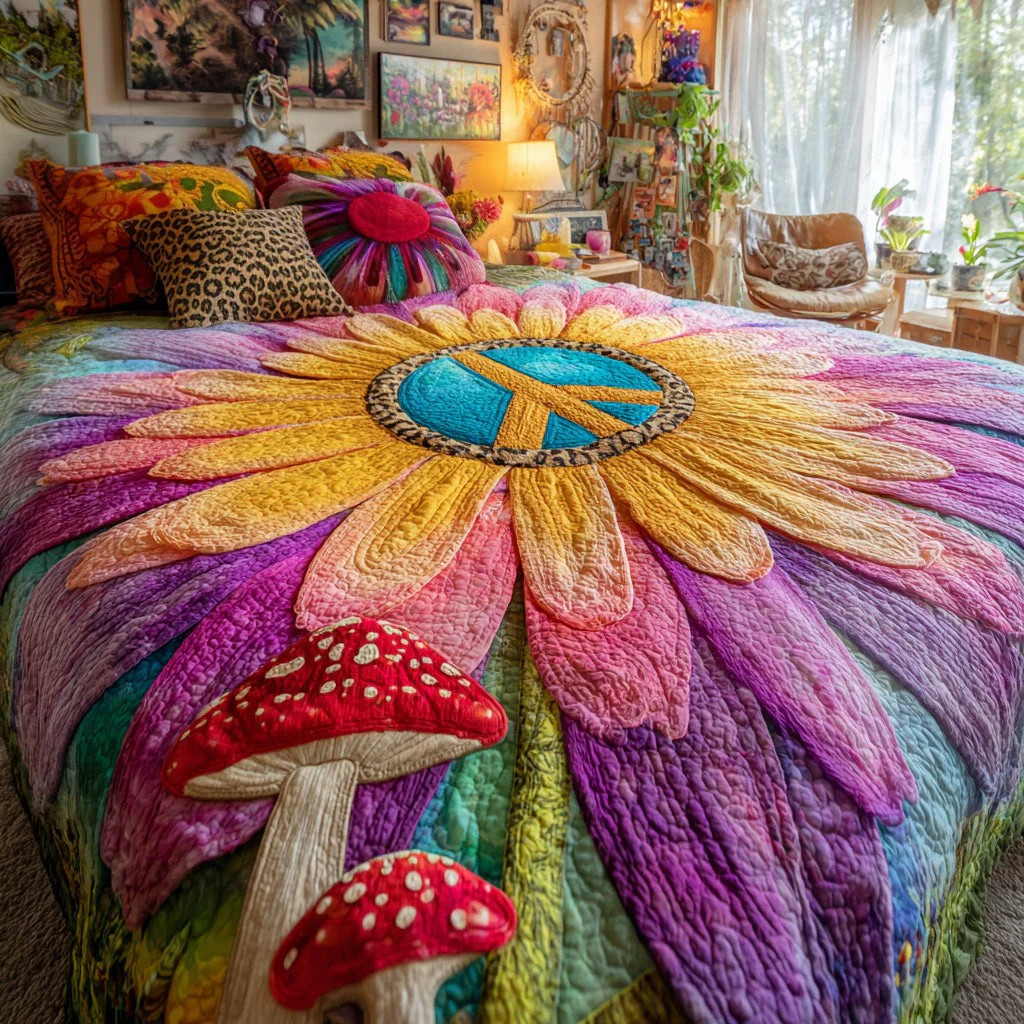 Hippie Peace Flower 3-Piece Quilted Bedding Set Boho Mushroom Bedspread Best Gift For Her