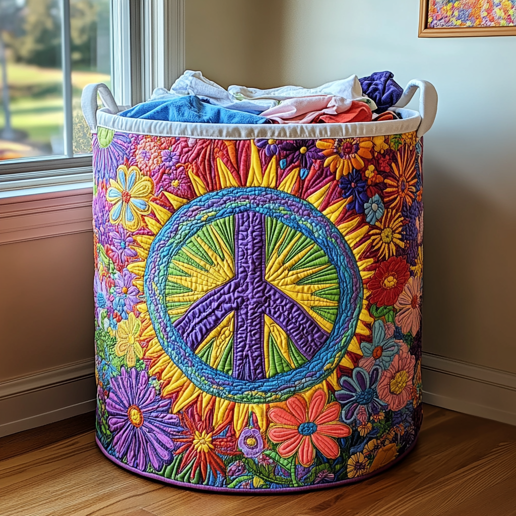 Hippie Peace Quilted Laundry Basket Beautiful Quilted Laundry Organizer Gift for Couples