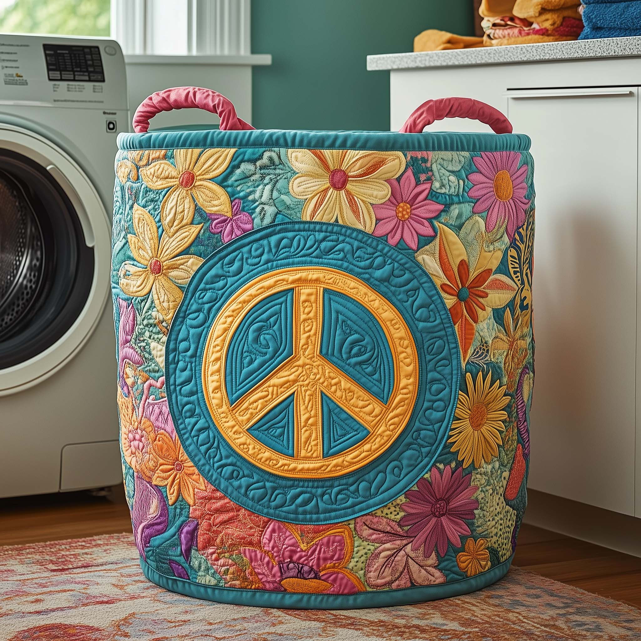 Hippie Peace Quilted Laundry Basket Hippie Themed Cozy Home Decor Girlfriend Gift Ideas