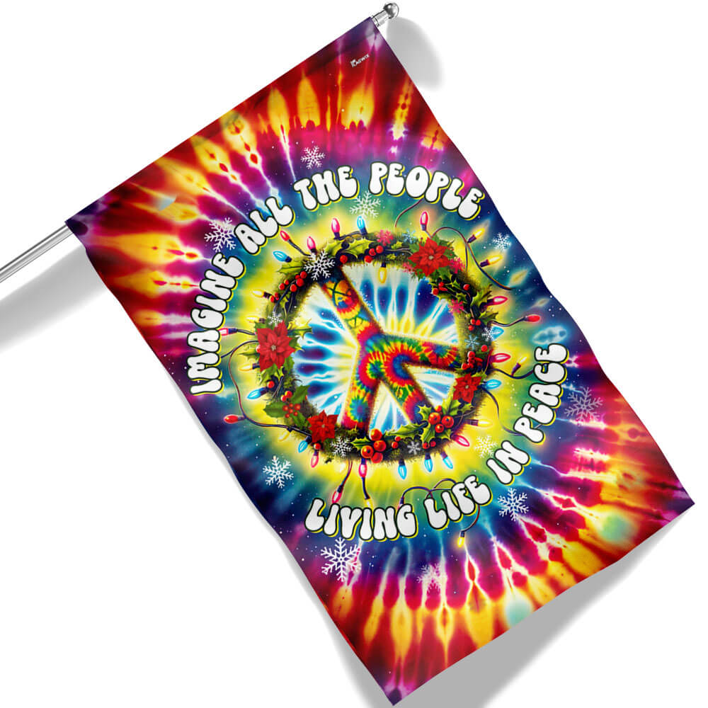Hippie Peace Sign Christmas Flag Imagine All The People Living Life In Peace