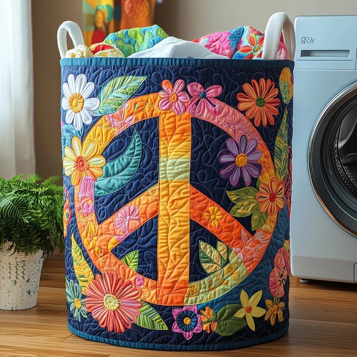 Hippie Peace Sign Floral Quilted Laundry Basket Navy Boho Wildflower Best Gift For Hippie Soul