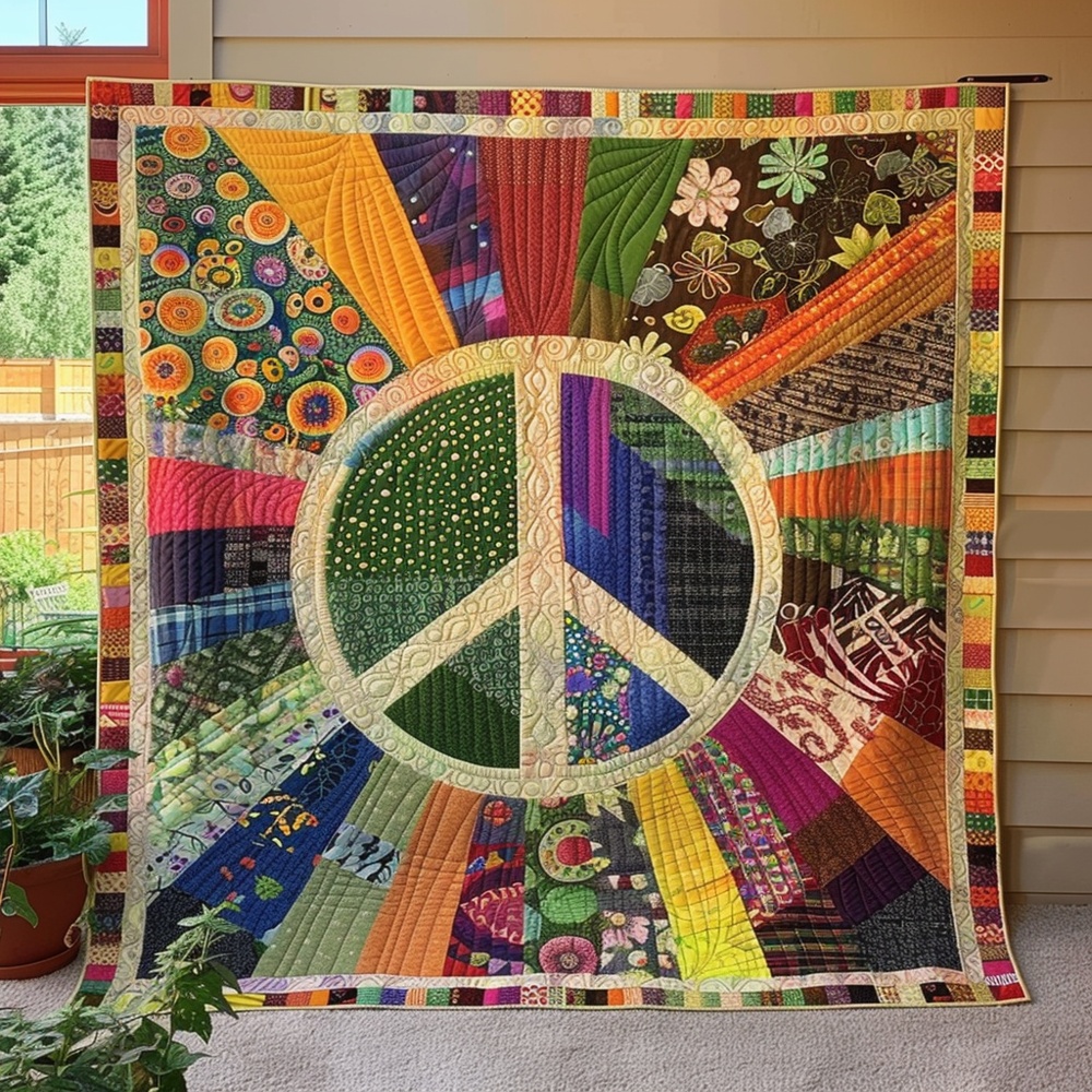 Hippie Peace Sign Quilted Blanket Colorful Boho Patchwork Throw Blanket Best Gift For Hippie Lovers