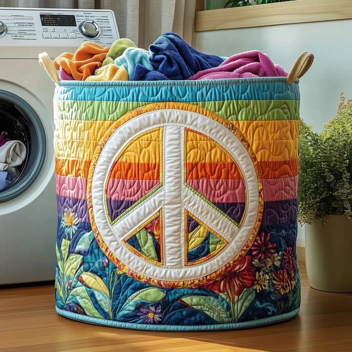 Hippie Peace Sign Quilted Laundry Basket Rainbow Stripe Boho Floral Best Gift For Hippie Lovers