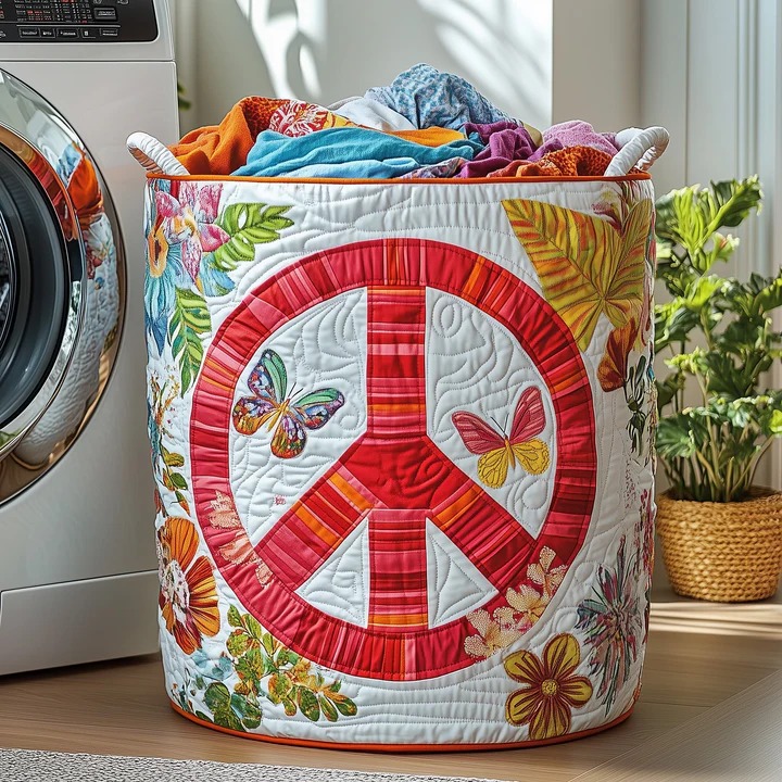 Hippie Peace Sign Quilted Laundry Basket White Butterfly Floral Boho Best Gift For Hippie Lovers