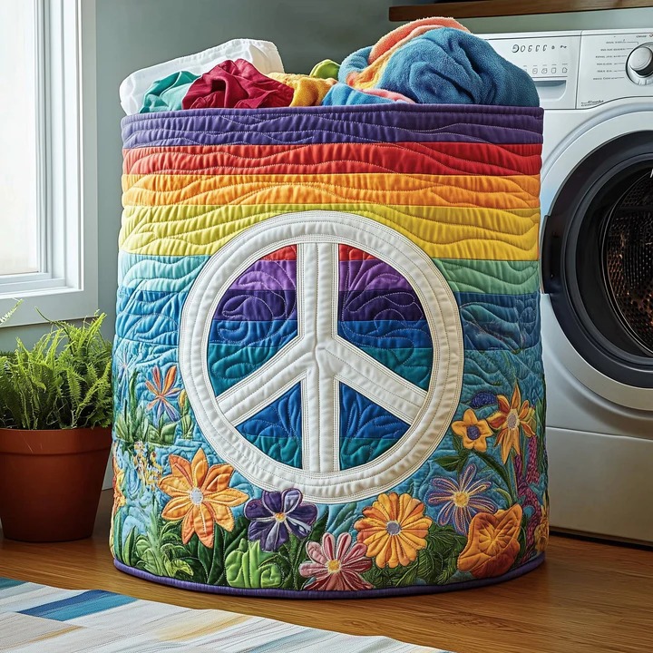 Hippie Peace Sign Quilted Laundry Hamper Rainbow Flower Power Boho Home Decor Gift For Her