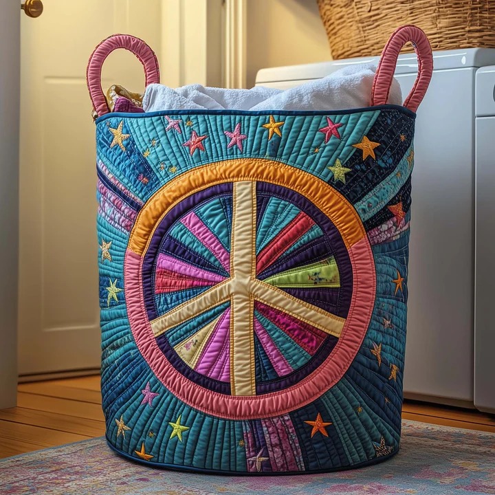 Hippie Peace Sign Star Quilted Laundry Basket Boho Celestial Navy Home Storage Best Gift For Her