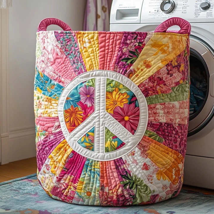 Hippie Peace Sign Sunburst Quilted Laundry Basket Pink Boho Patchwork Home Decor Gift Ideas