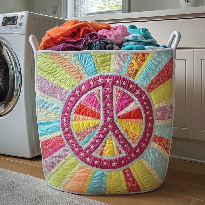 Hippie Peace Sign Sunburst Star Quilted Laundry Basket Boho Rainbow Colorful Home Gift Ideas