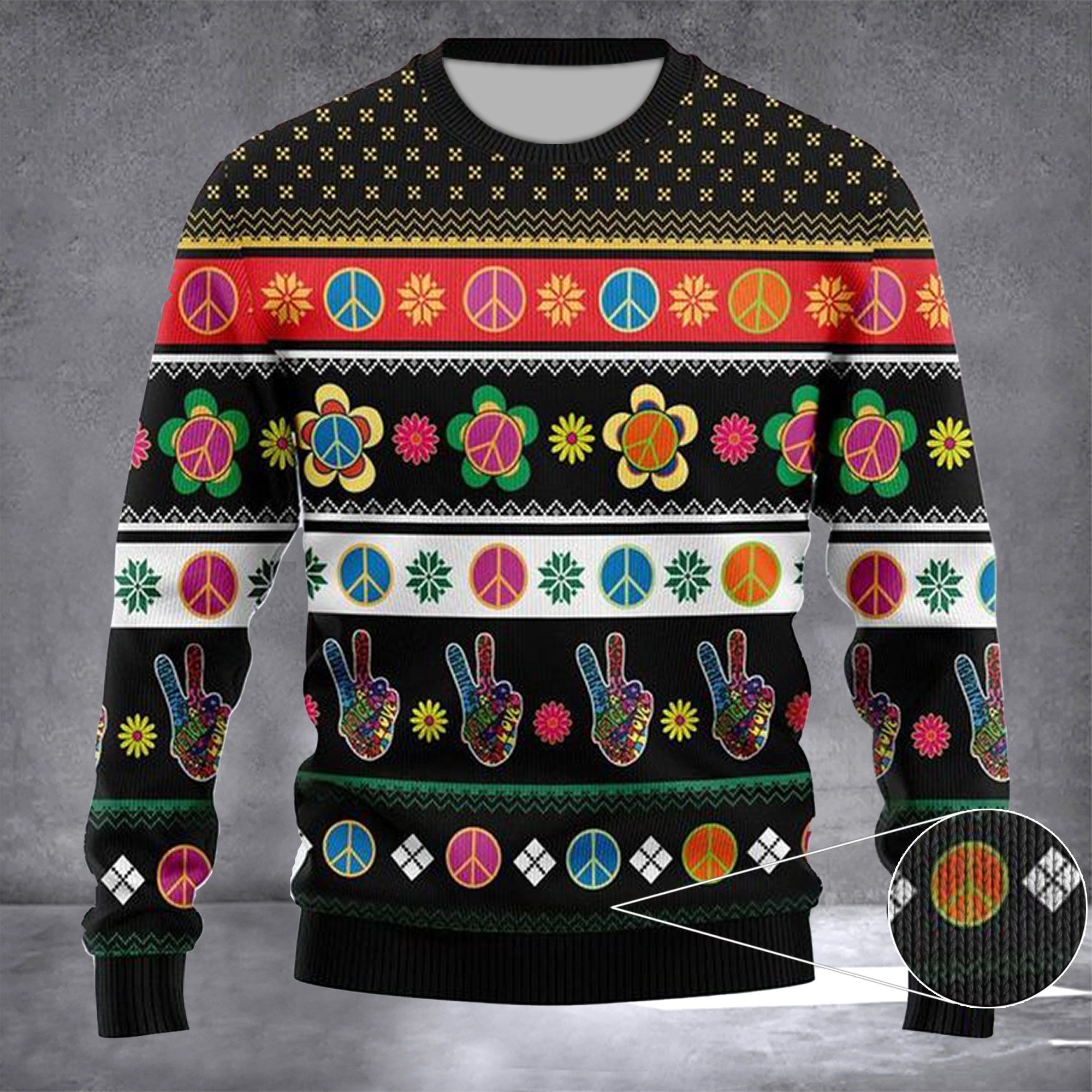 Hippie Peace Sign Ugly Christmas Sweater Peace Love Merry Christmas Clothing Gift Ideas