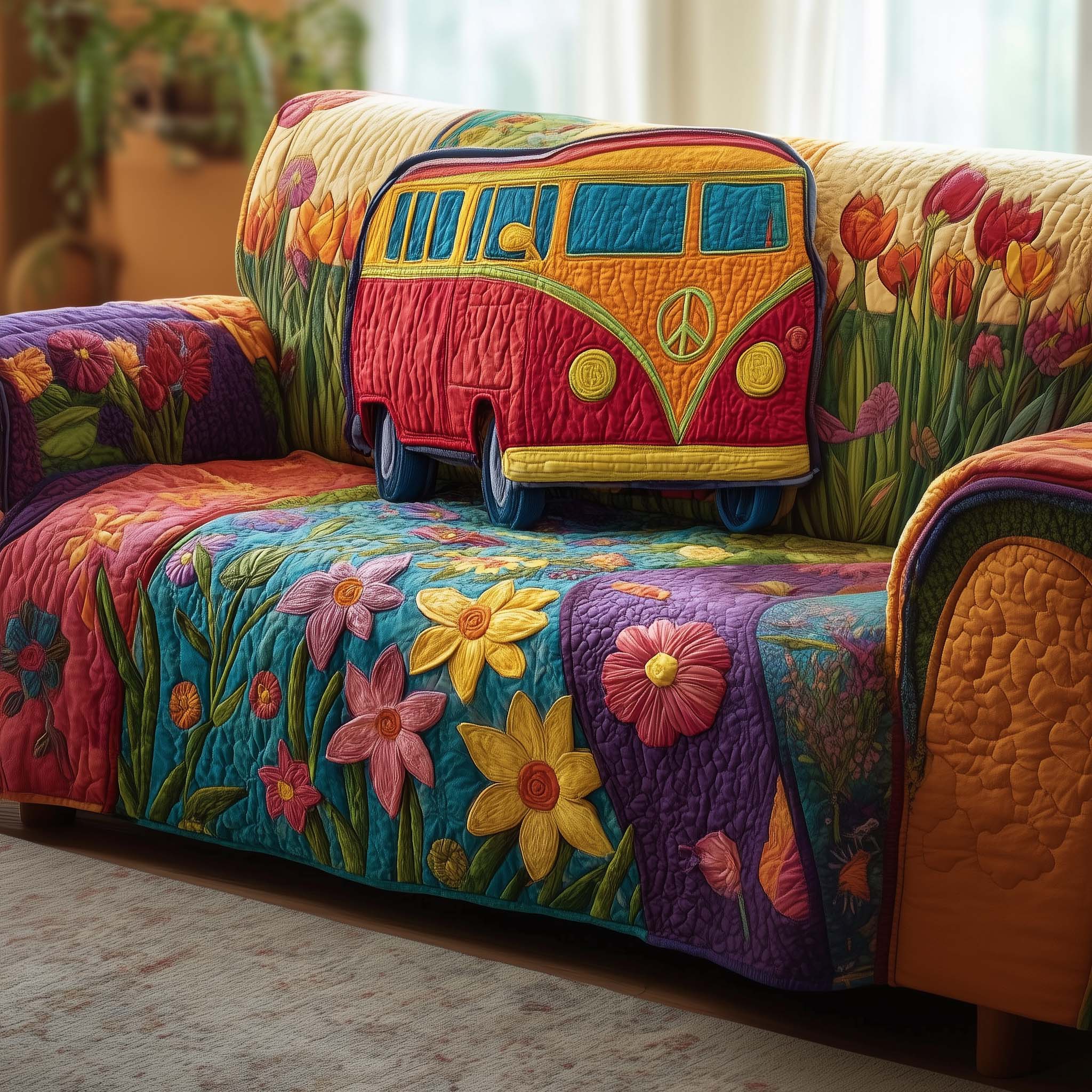 Hippie Quilted Sofa Cover Groovy Psychedelic Design Throw Gifts For Your Hippie Friend