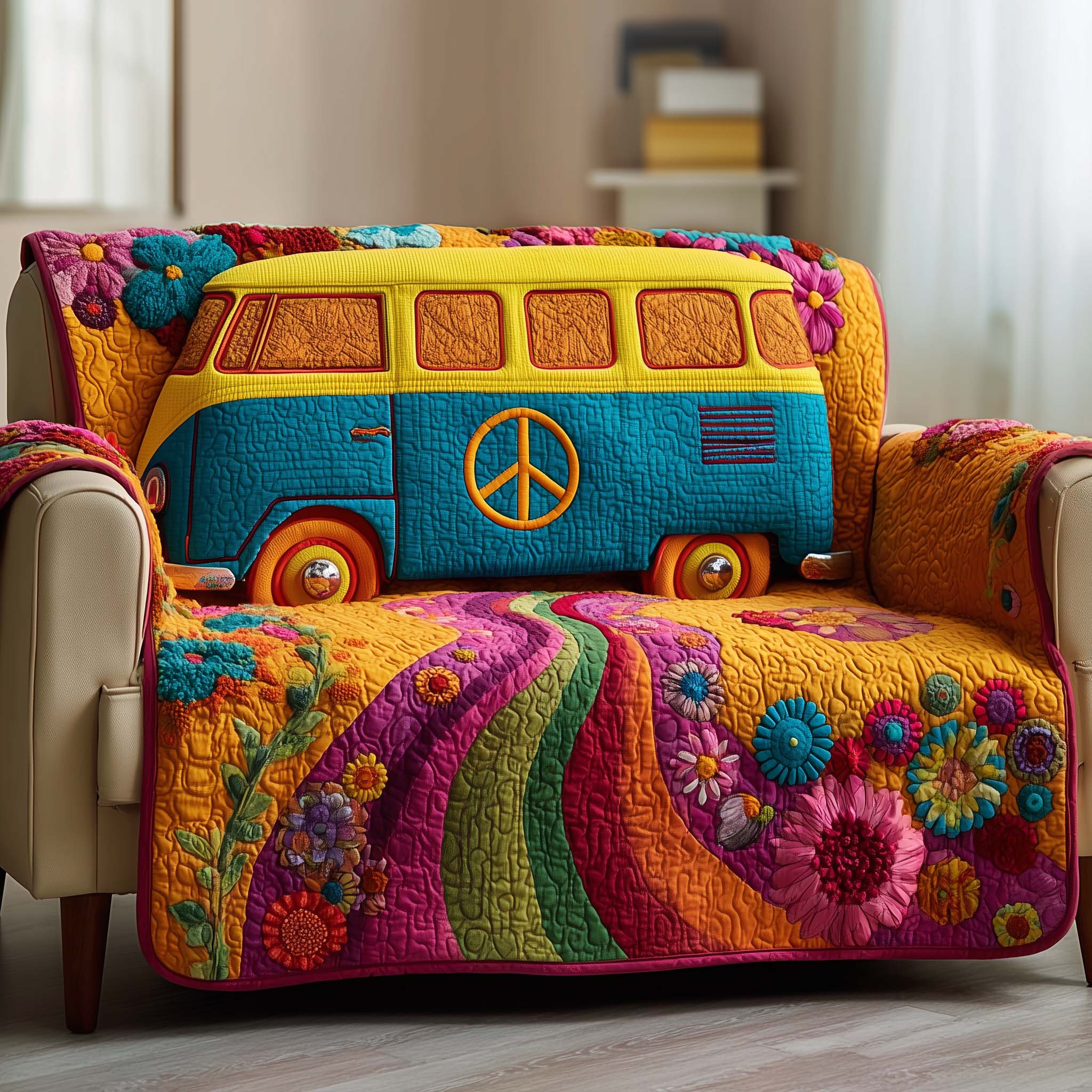 Hippie Quilted Sofa Cover Peace and Love Flower Power Gifts For Your Hippie Friend
