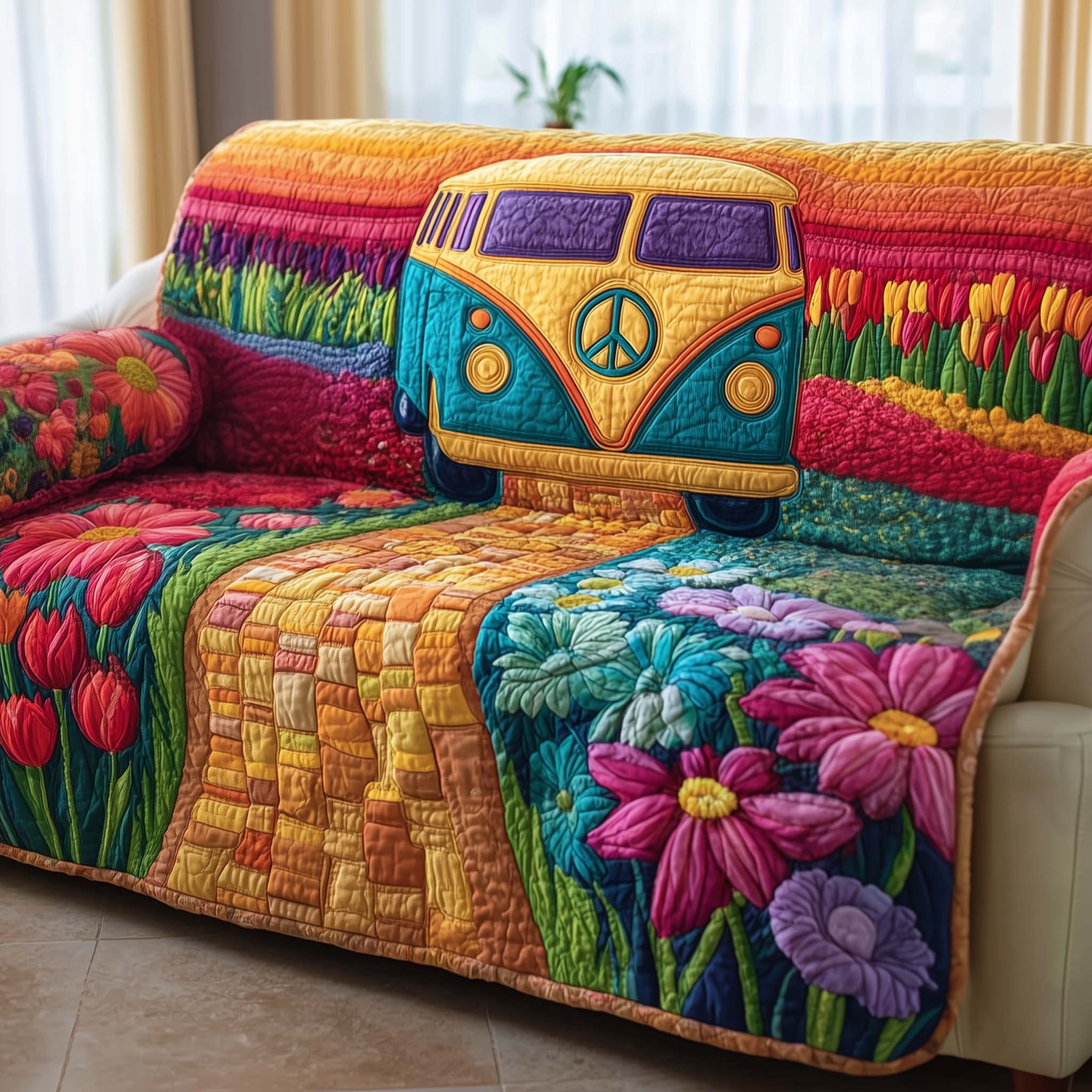 Hippie Quilted Sofa Cover Retro 60s Inspired Protector Gifts For Your Hippie Friend