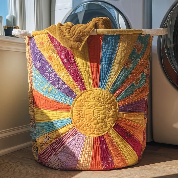 Hippie Rainbow Sunburst Quilted Laundry Basket Boho Colorful Patchwork Home Gift For Hippie Lovers