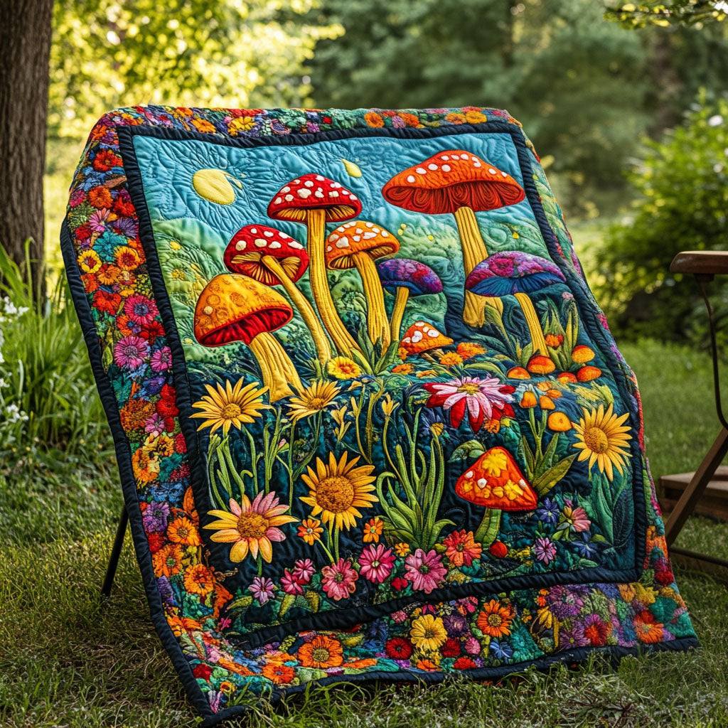 Hippie Shroom Haven Quilted Blanket Cute Mushroom Gifts