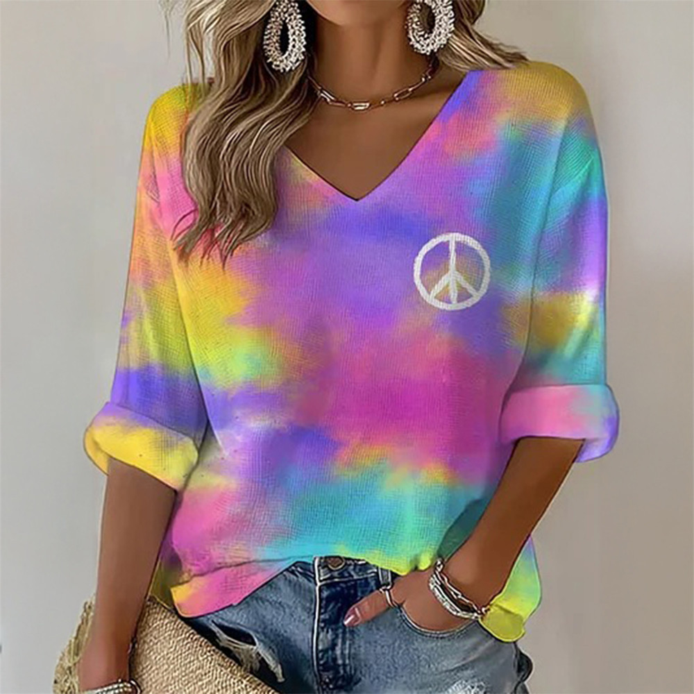 Hippie Sign Graphic V-Neck Long Sleeve Shirt Hippie Festival Outfit Unique Gift For Mother's Day
