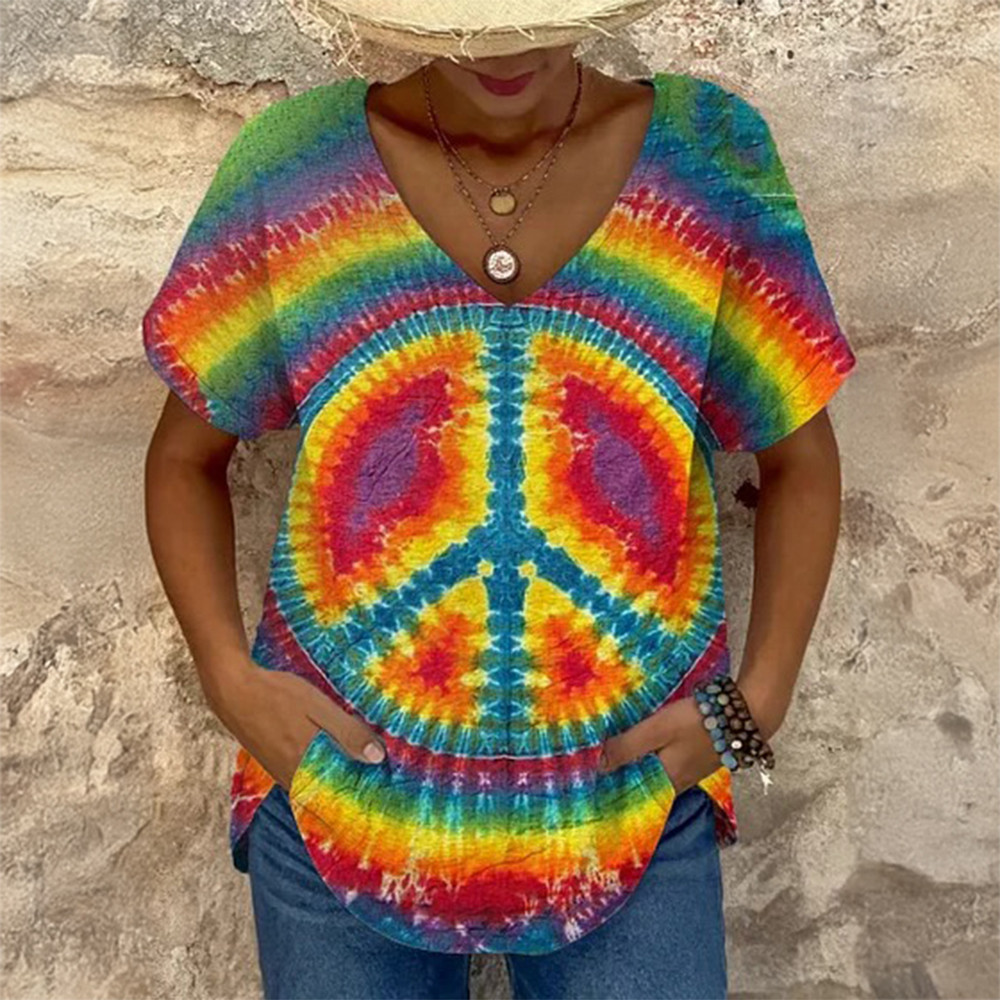 Hippie Sign Graphic V-Neck Shirt Hippie Style Clothing Best Present For Mother's Day