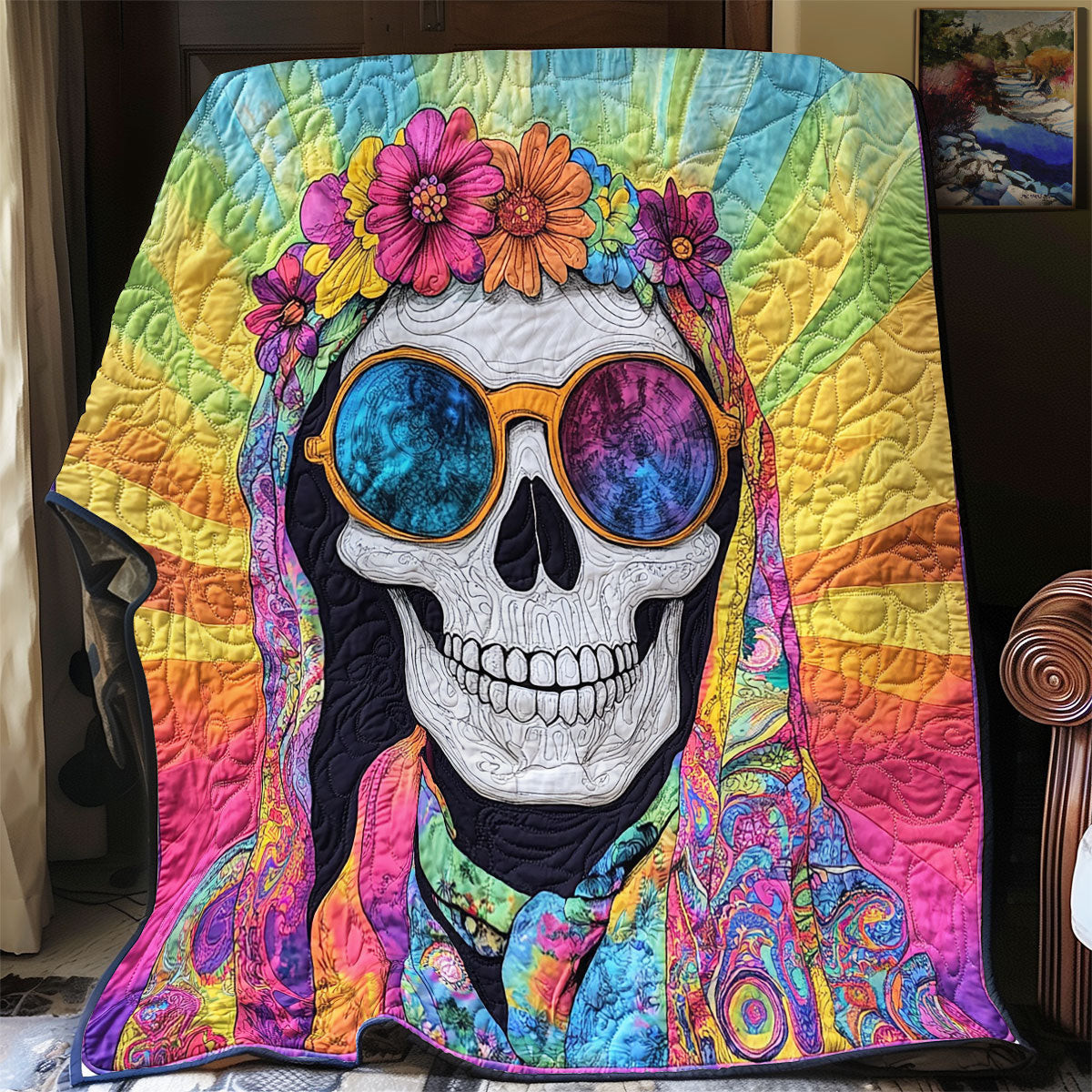 Hippie Skull Quilt Best Decoration Gift For Friends and Family on Halloween Day
