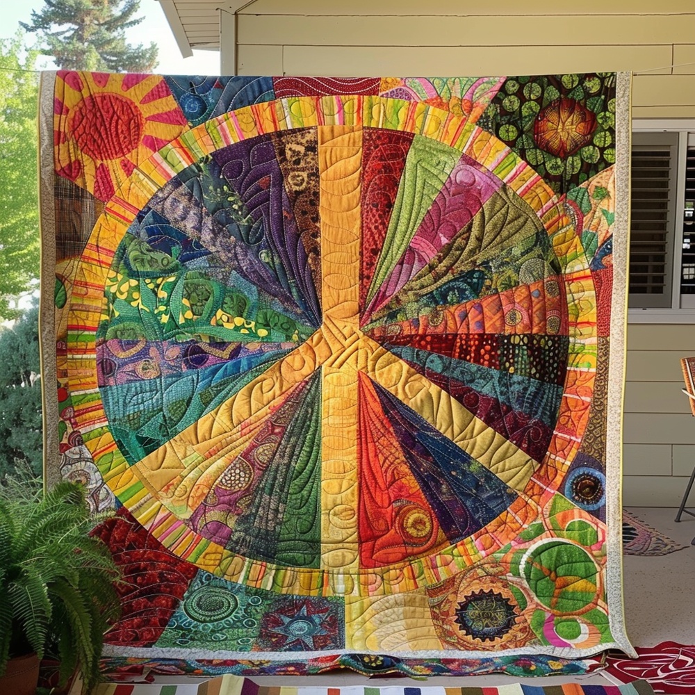 Hippie Sunbeam Peace Sign Quilted Blanket Boho Psychedelic Art Throw Best Gift For Peace Sign Lovers