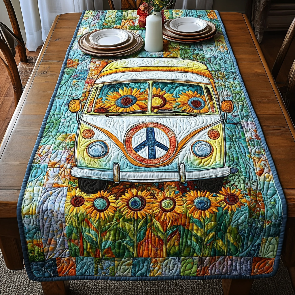 Hippie Sunflower Journey Quilted Table Runner Dining Table Decor Sunflower Gift Items