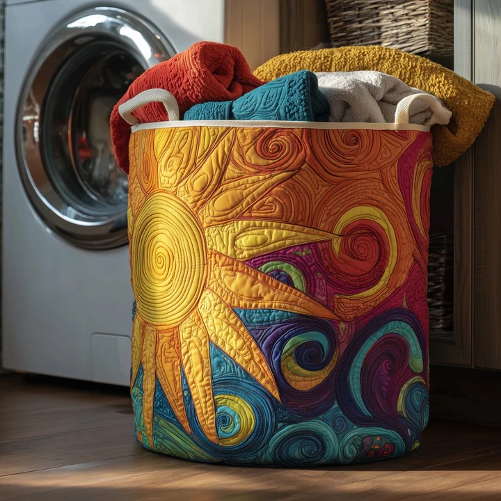 Hippie Sunshine Swirl Quilted Laundry Basket Boho Psychedelic Rainbow Home Decor Gift Idea