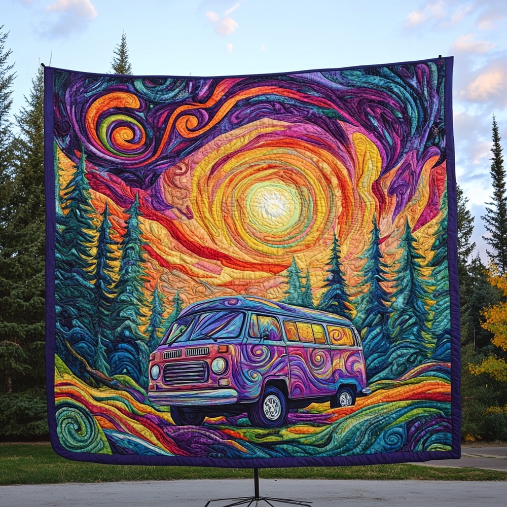 Hippie Van Adventure Quilted Blanket Psychedelic Road Trip Cozy Throw Best Gift Free Spirit Fans