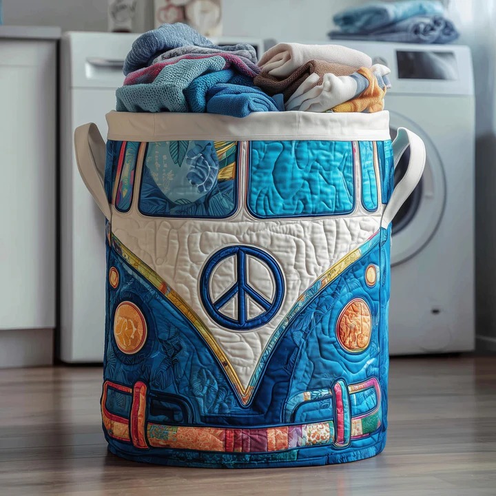 Hippie Van Blue Quilted Laundry Basket VW Bus Boho Peace Sign Home Storage Best Gift Ideas